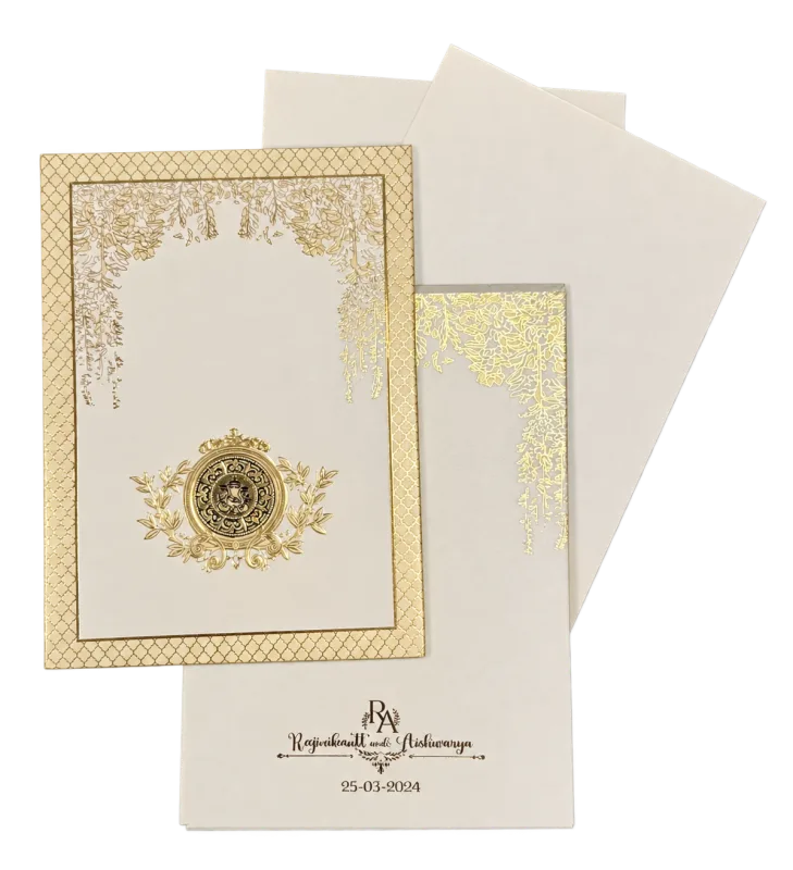 Ivory invitation and envelope with ornate gold detailing